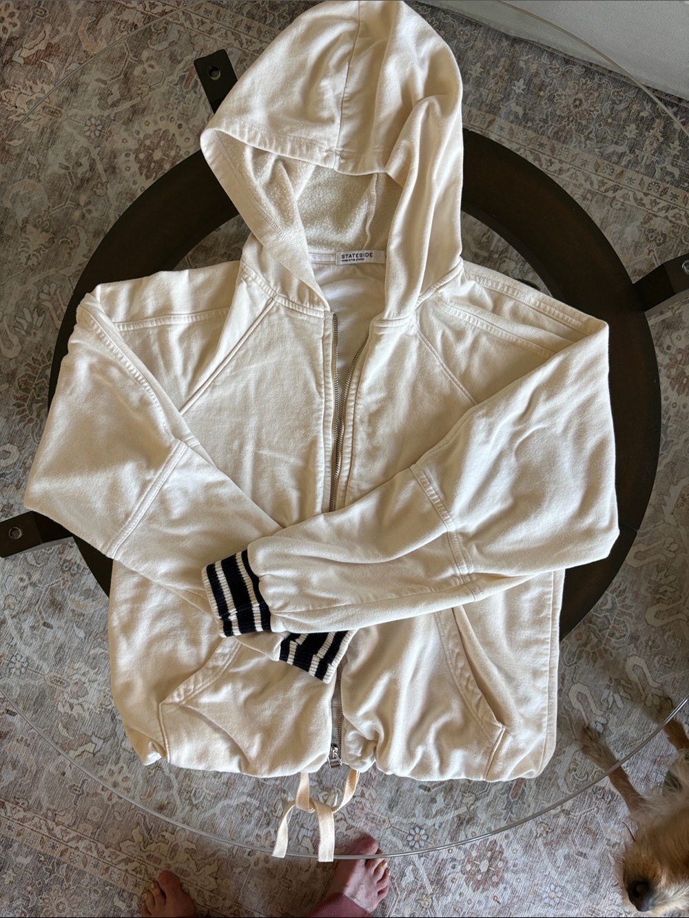 Stateside Cream Zip Hoodie with Navy Stripe Cuffs